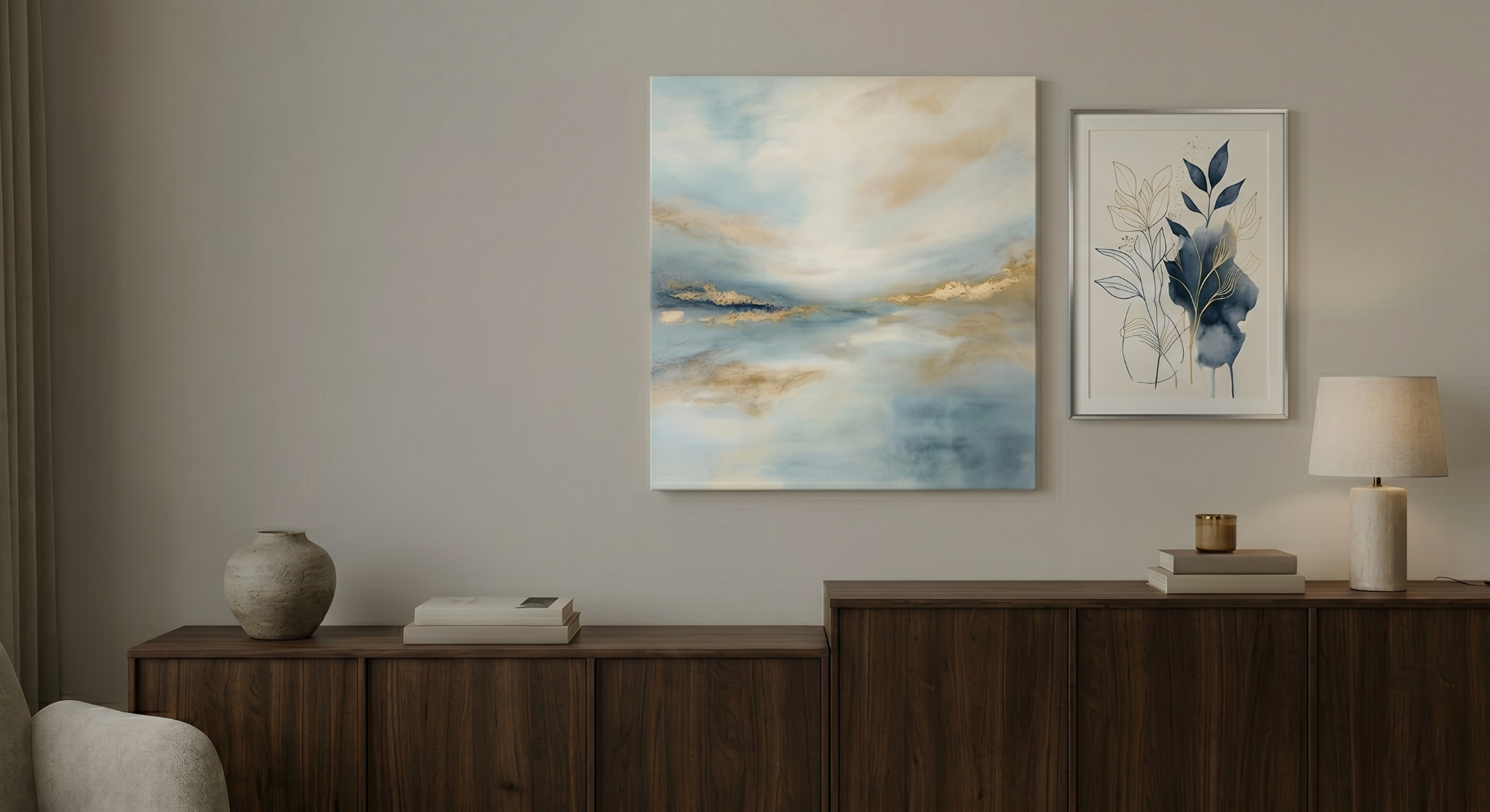 Elegant living room with framed wall art above wooden cabinets