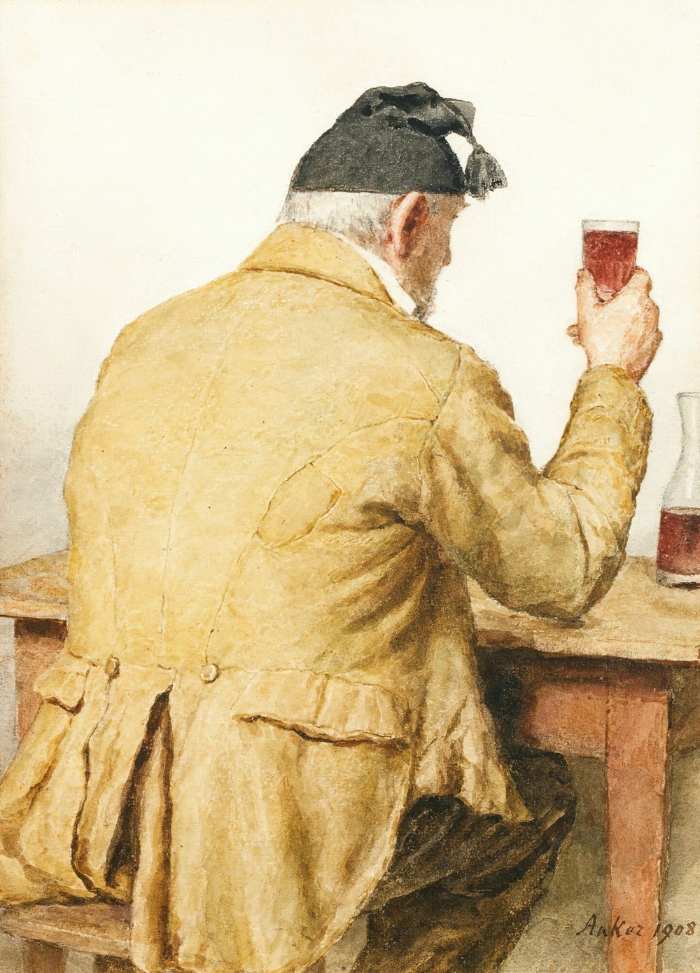 Old Man Sitting At Table, Shown From Behind