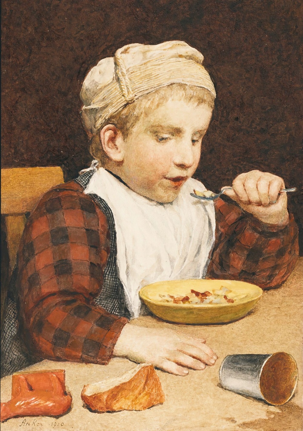 Knabe Mit Mütze Beim Essen