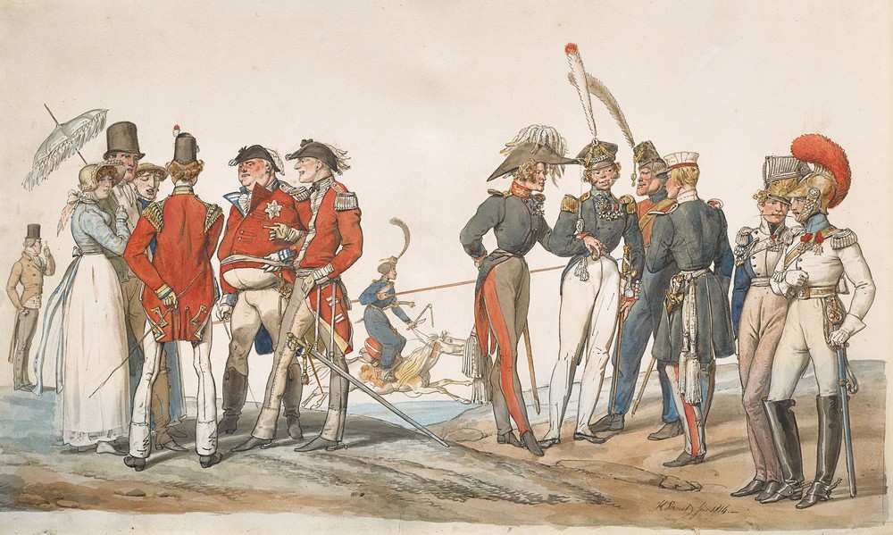 Officiers anglais et français discutant