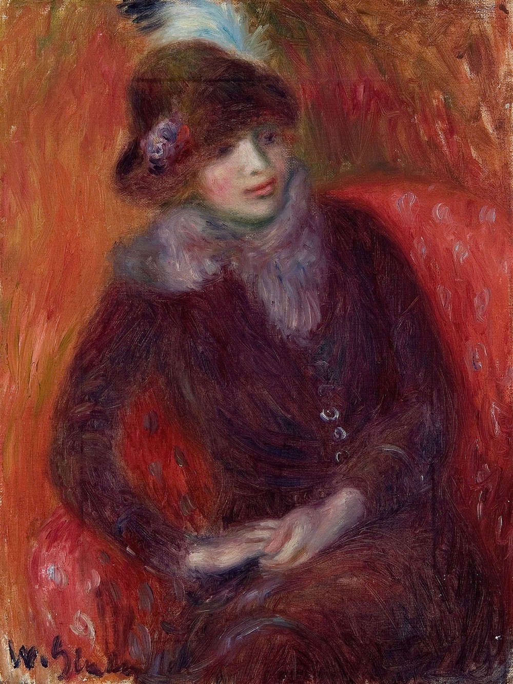 Seated Woman with Fur Neckpiece and Red Background (c. 1916)