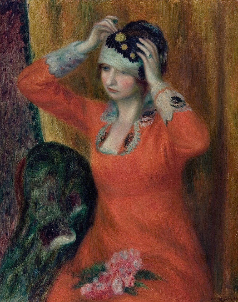 Girl in Red Dress Pinning on Hat (c. 1915–1916)
