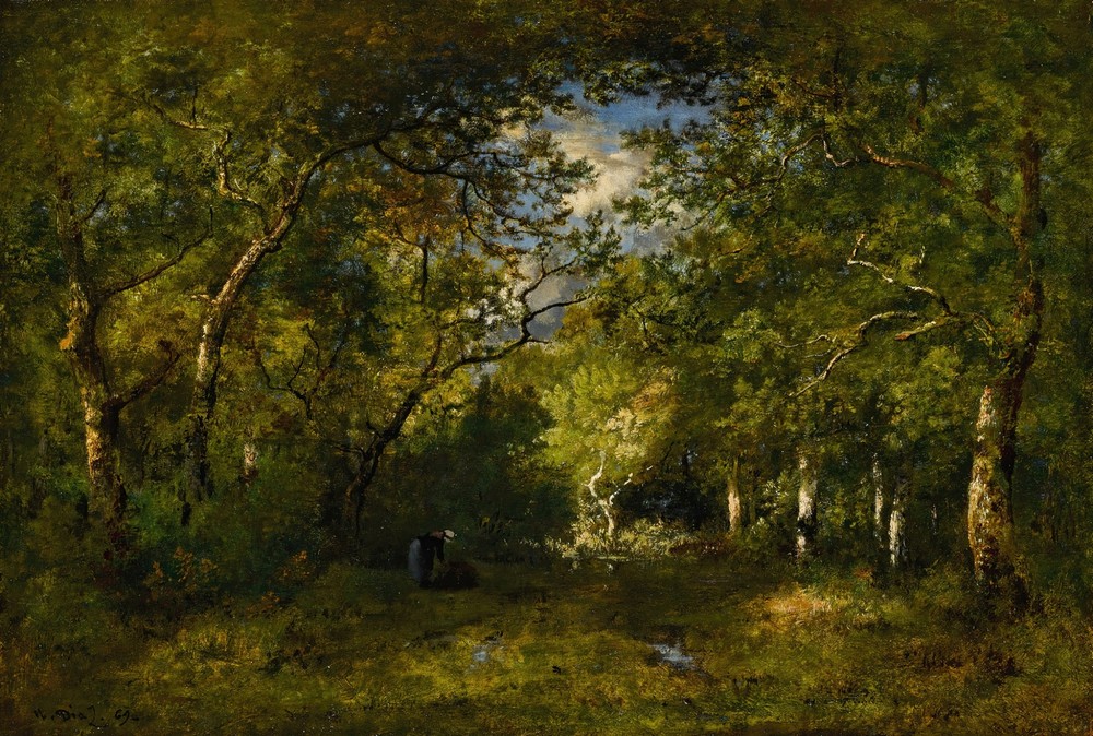 Allée En Forêt, Bûcheronne Courbée Sous Le Poids De Son Fagot, Traces D’eau