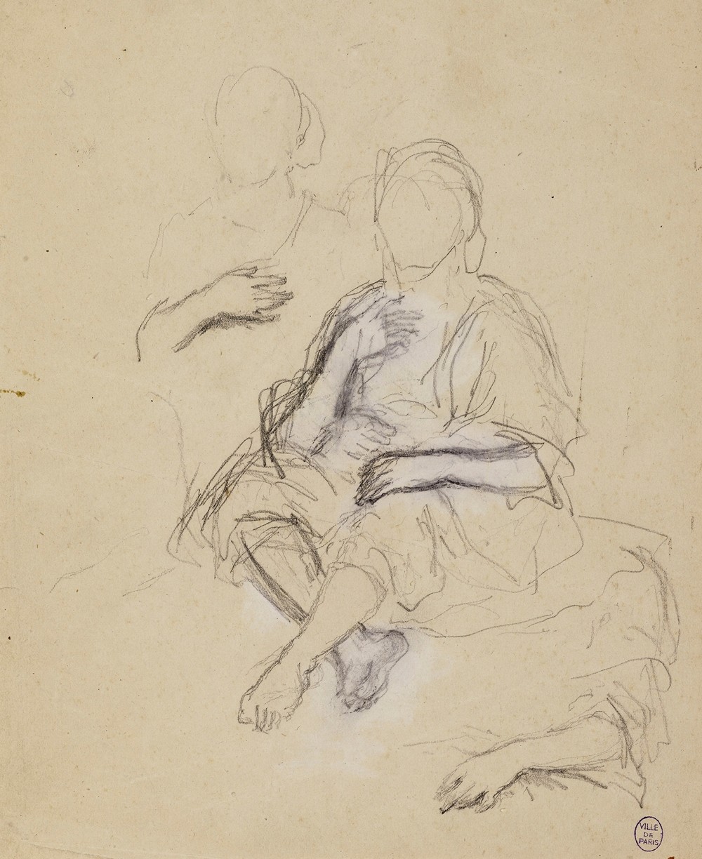 Deux personnages drapés assis de face et étude de bras