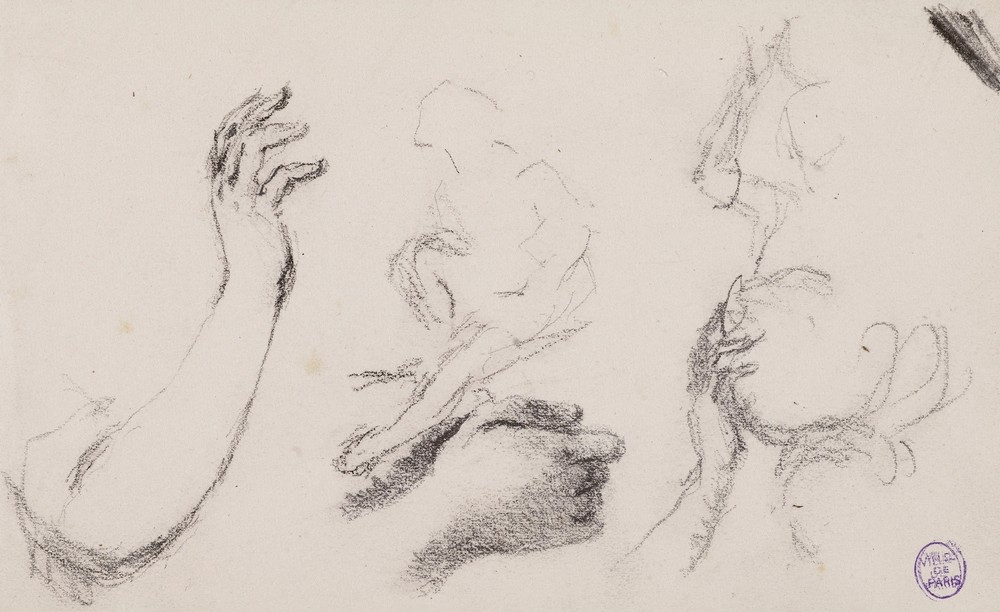 Esquisses de bras, mains et personnage