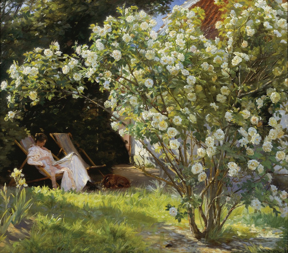Roses. Marie Krøyer seated in the deckchair in the garden by Mrs Bendsen’s house
