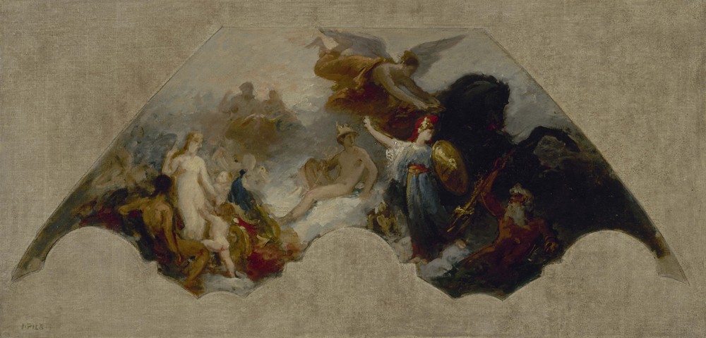 Minerve combattant la Force brutale devant l’Olympe réuni.