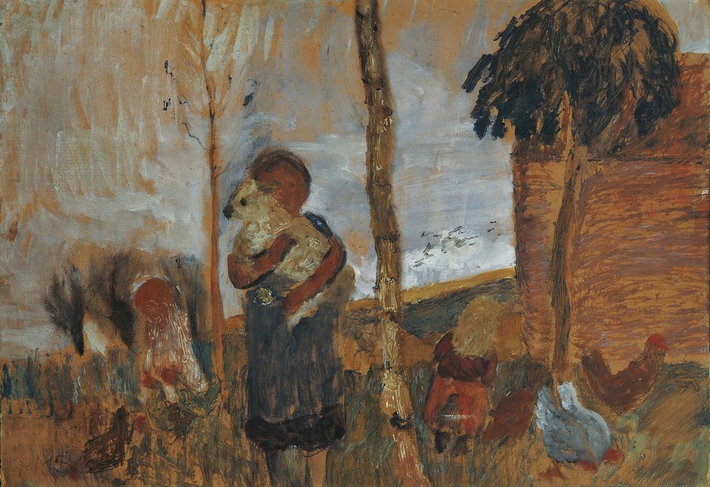 Children and chickens in front of a landscape (circa 1902)