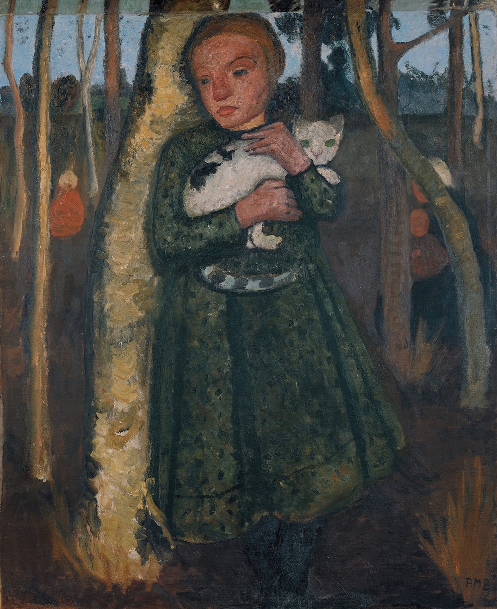 Girl in a birch forest with cat (circa 1904)