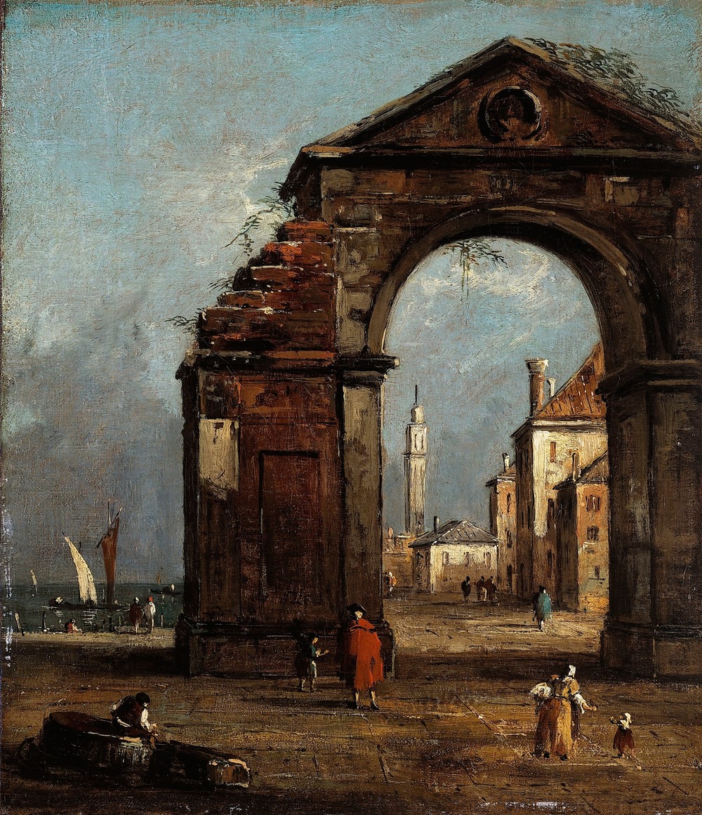 Caprice, avec arc triomphal en ruine et paysage du bord de la lagune (18th century)