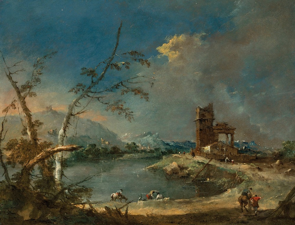 A capriccio of a rustic tower beside a lake