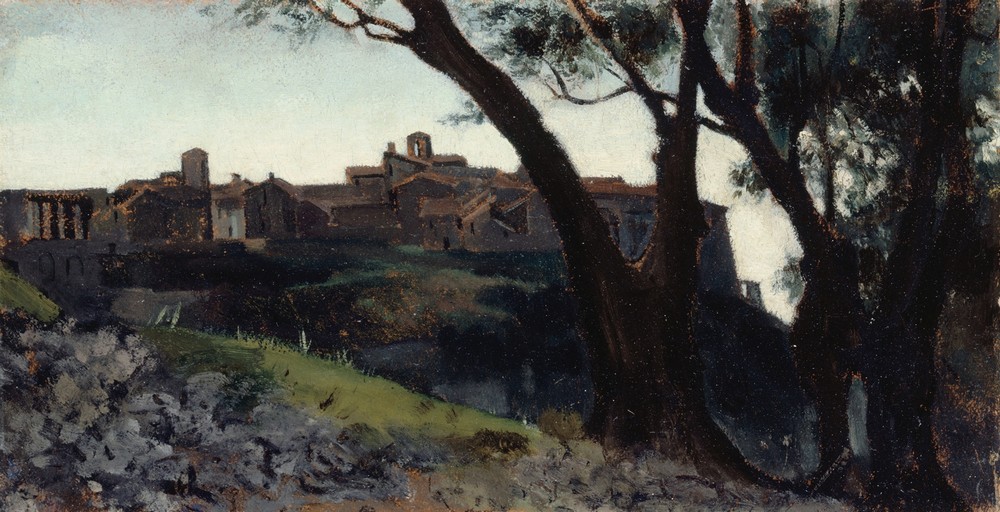Paysage d’Italie. Village au crépuscule