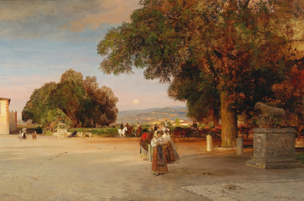 Scene at dusk on the terrace of Villa Grazioli in Grottaferrata