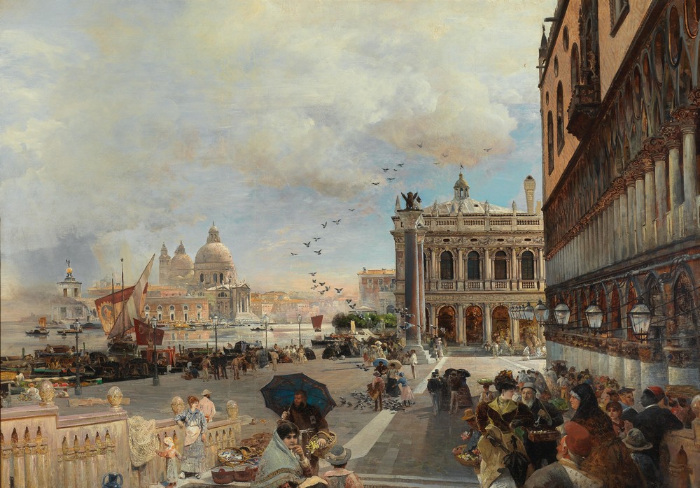 Venice, A View Of The Piazzetta, With The Biblioteca Marciana, Santa Maria Della Salute And The Dogana