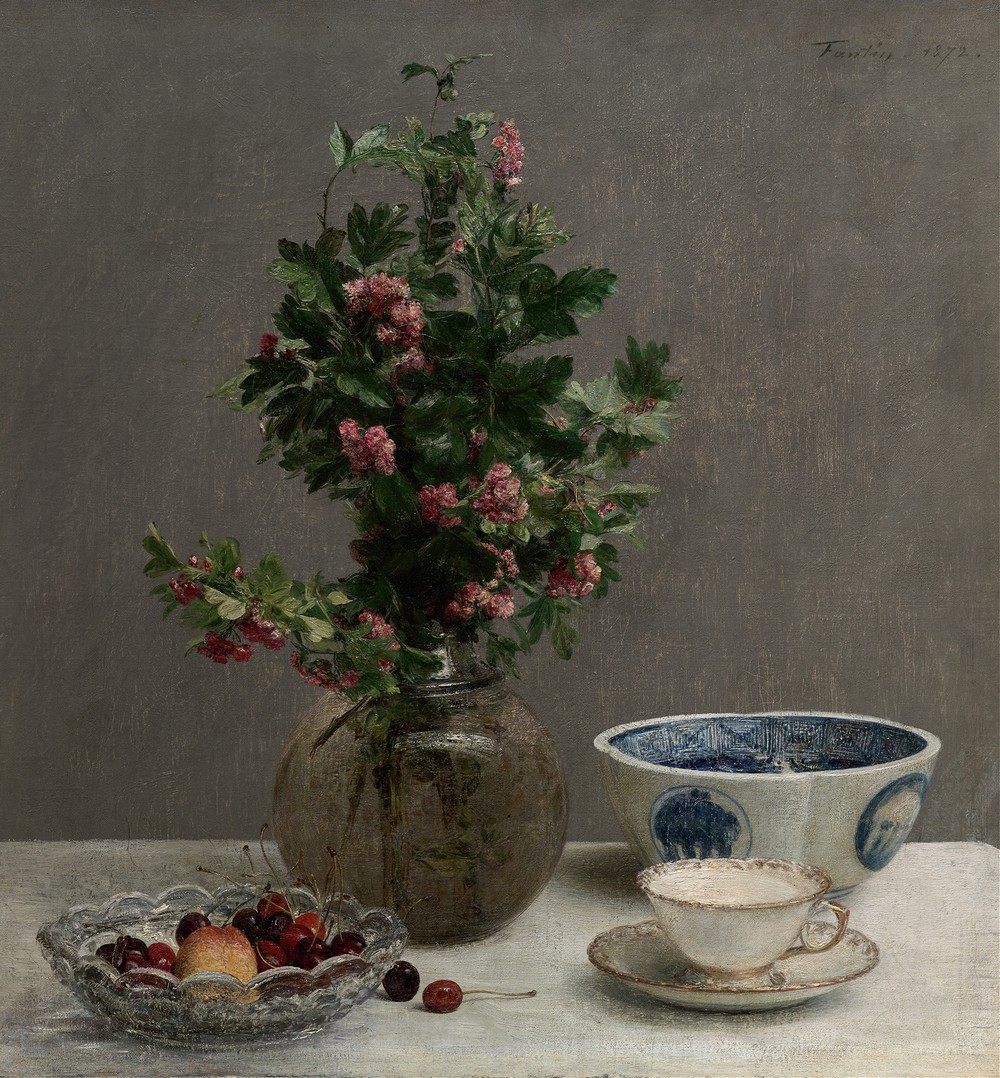 Still Life with Vase of Hawthorn, Bowl of Cherries, Japanese Bowl, and Cup and Saucer