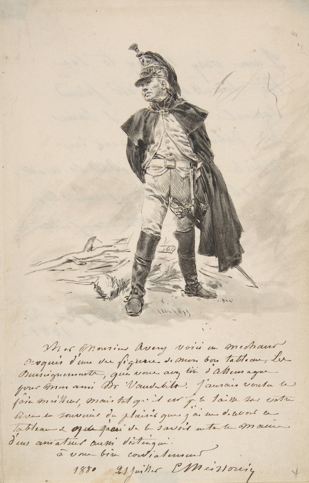 Letter to Samuel P. Avery with a drawing of a military figure