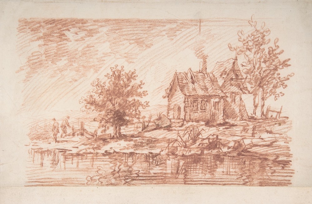 Farm House along a River, two figures at left