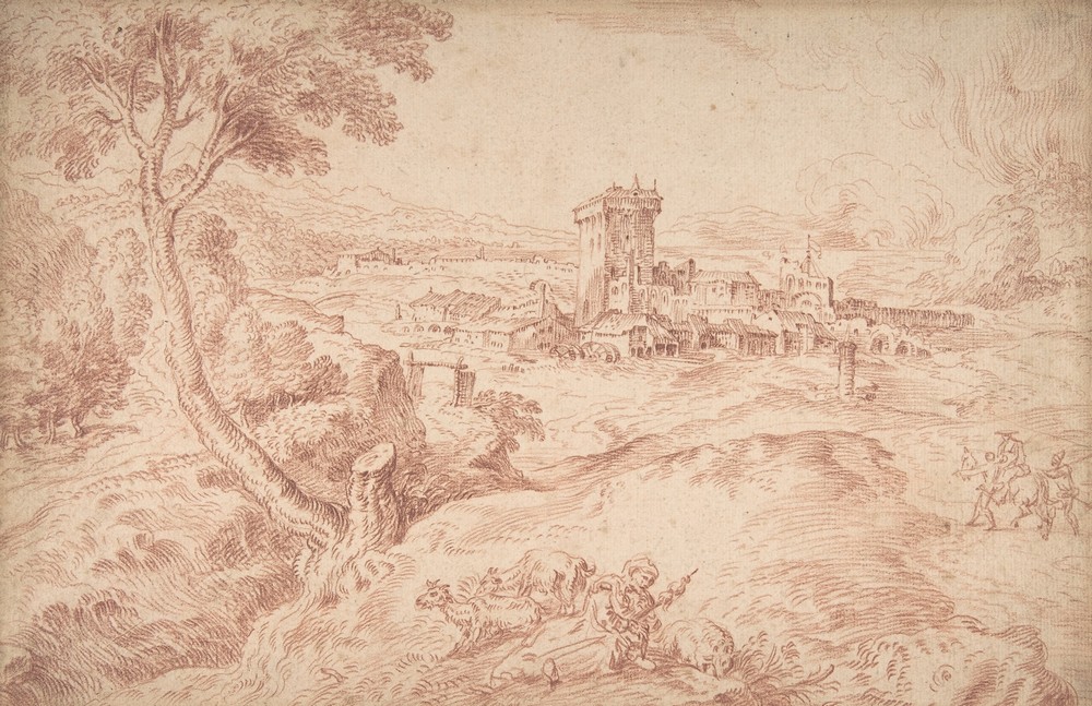 Landscape with an Old Woman Holding a Spindle, after Domenico Campagnola (ca. 1715)