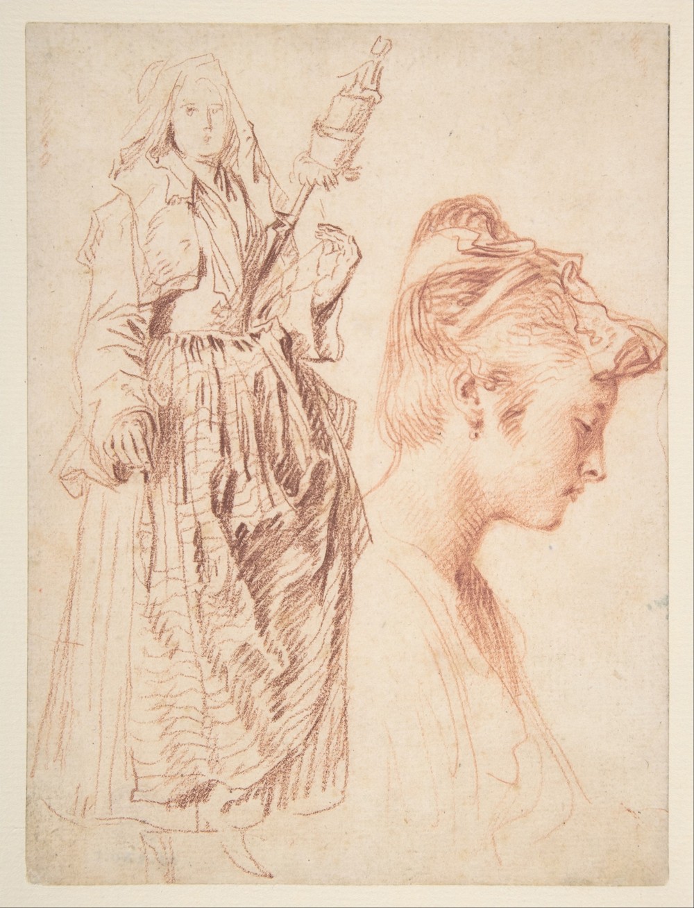 Standing Woman Holding a Spindle, and Head of a Woman in Profile to Right (ca. 1714–18)