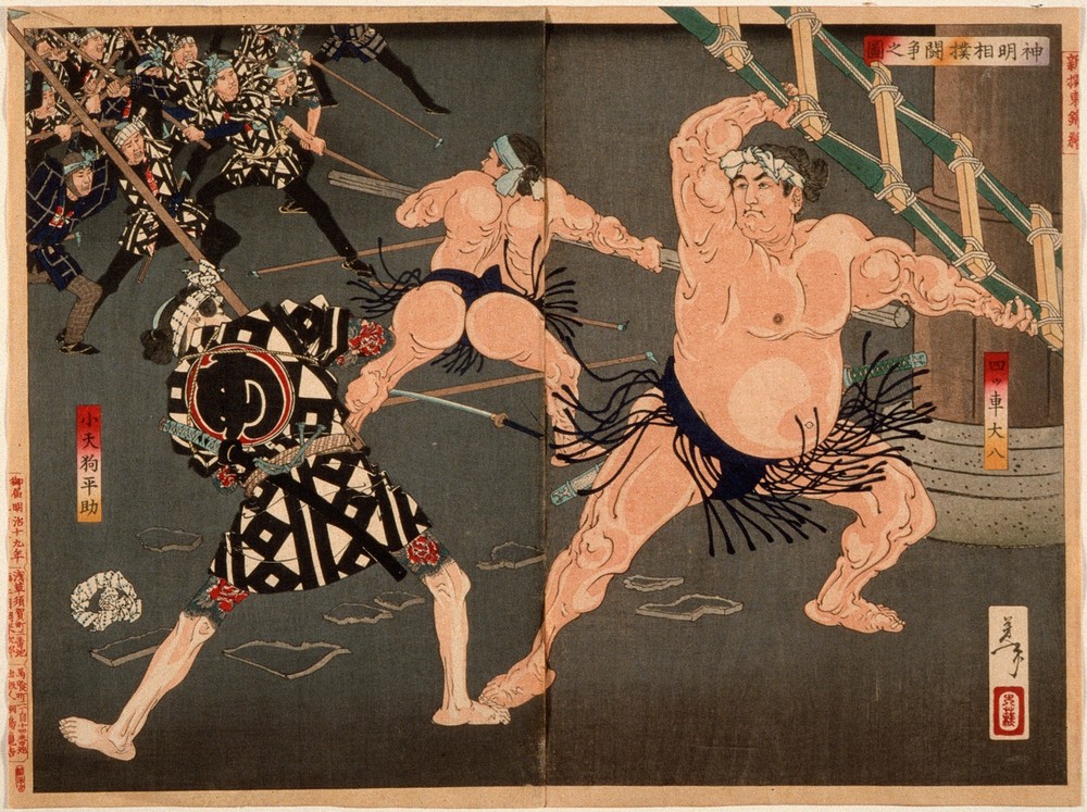 Yotsuguruma Daihachi and Kotengu Heisuke Duel during the Battle of the Wrestlers and the Firemen at Shinmei Shrine