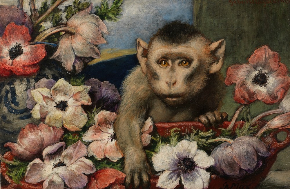 Geburtstagsblumen (Affe mit Anemonen)
