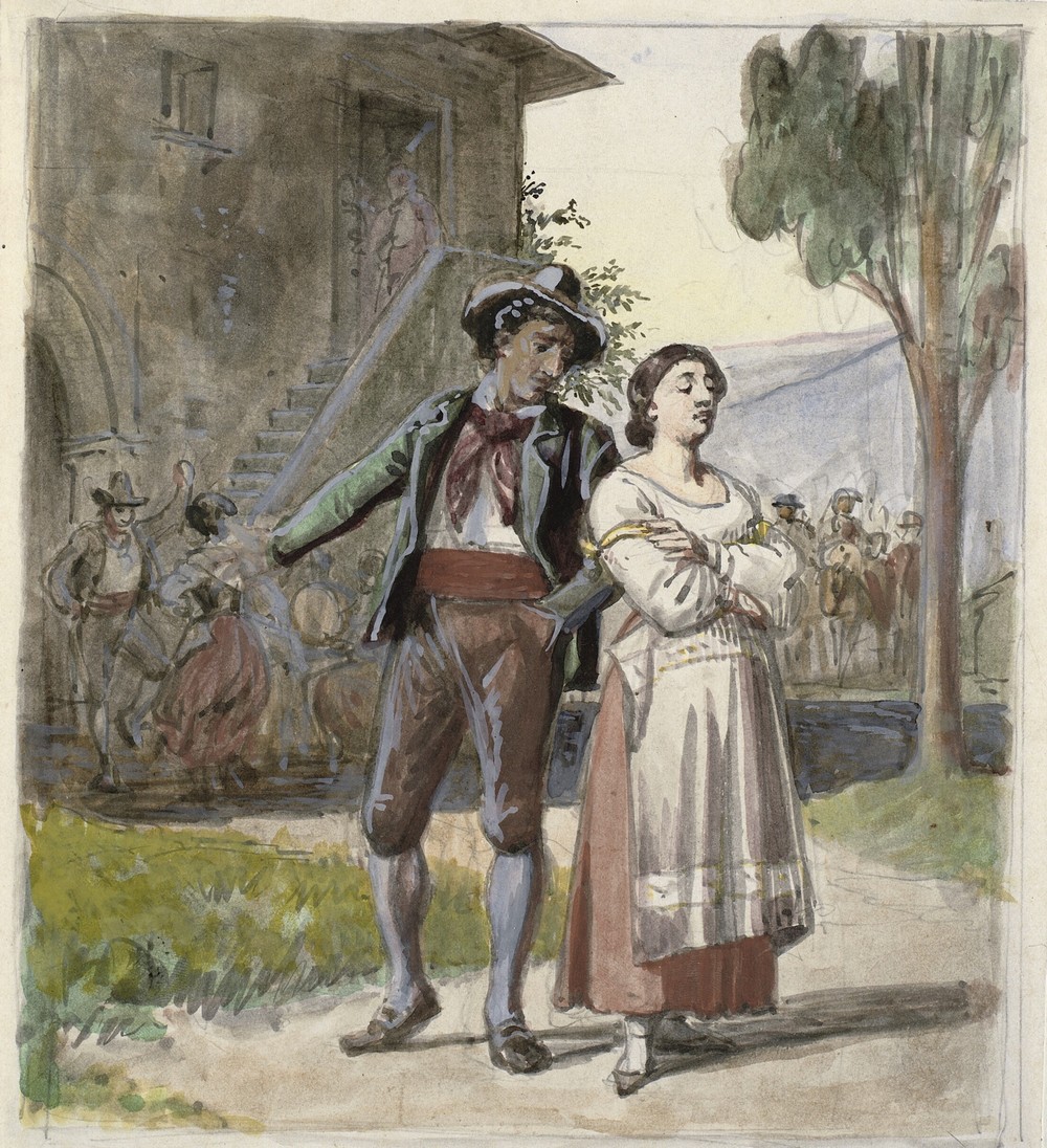 Ungt par, der er uenige, i baggrunden dansende foran et hus