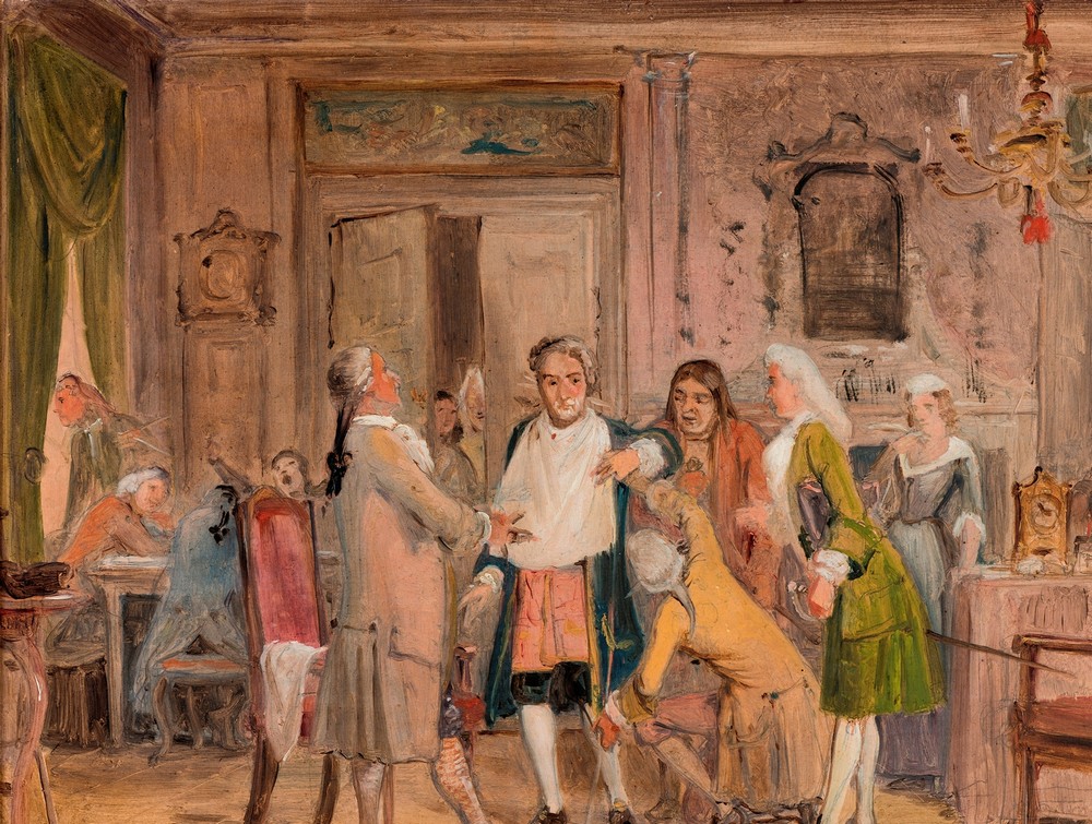 Vielgeschrey’s hardships, scene from L. Holberg’s ‘Den stundesløse,’ Act 1, Scene 6 (sketch) (before 1850)
