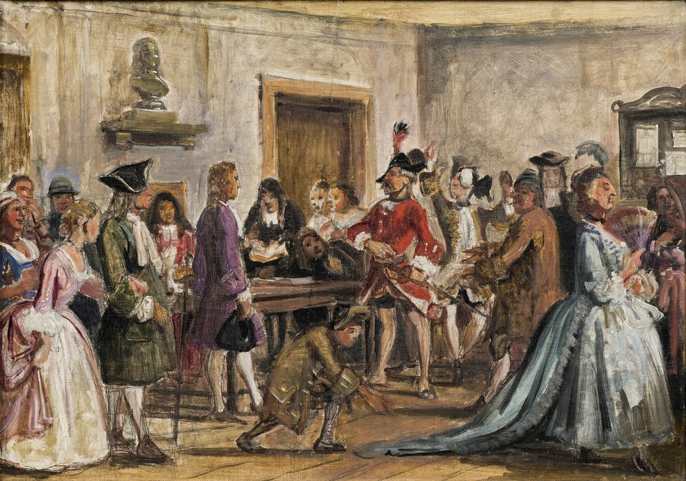 Philemon and his prosecutors. Scene from Det lykkelige skibbrud by Holberg, Act 5, Scene 9 (sketch for painting with the same subject, 1859) (c. 1859)