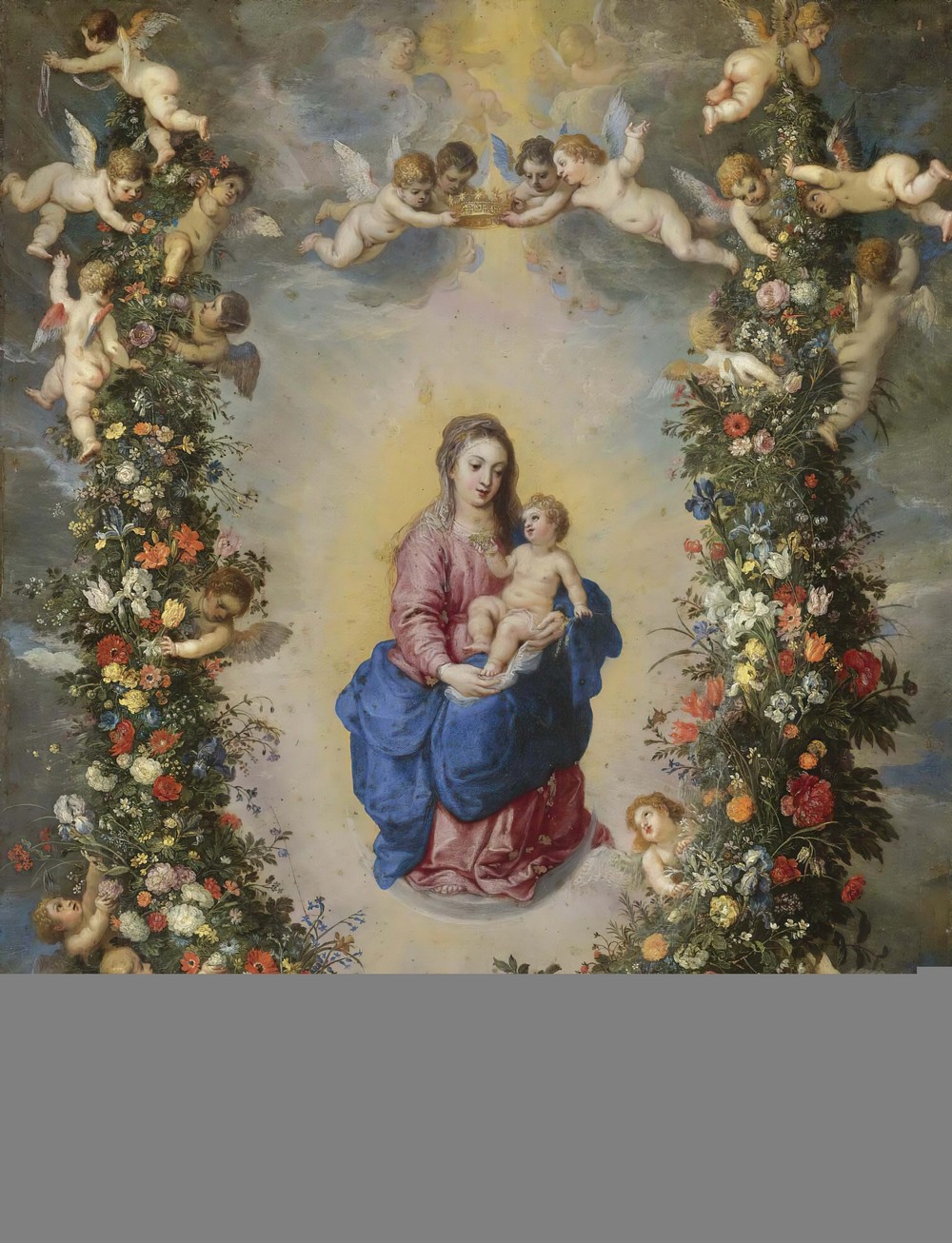 The Virgin And Child Encircled By A Garland Of Flowers Held Aloft By cherubs