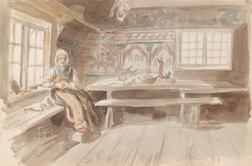 Interiør med sittende kvinne, Dalarna