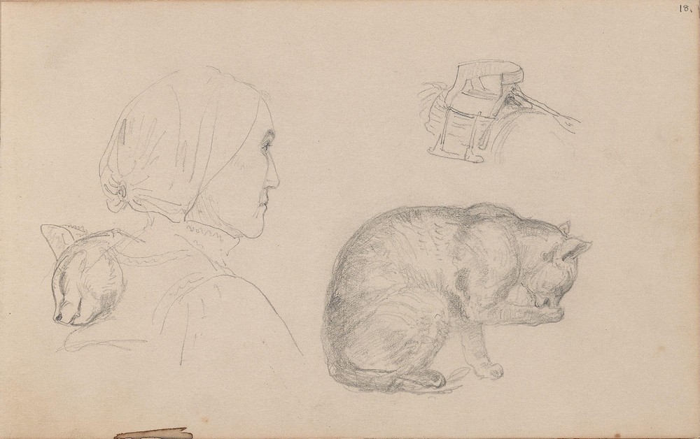 Kvinnefigur; katter; kvinnesal (between 1855 - 1857)