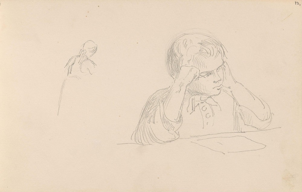 Riss av kvinnefigur; lesende gutt (between 1855 - 1857)