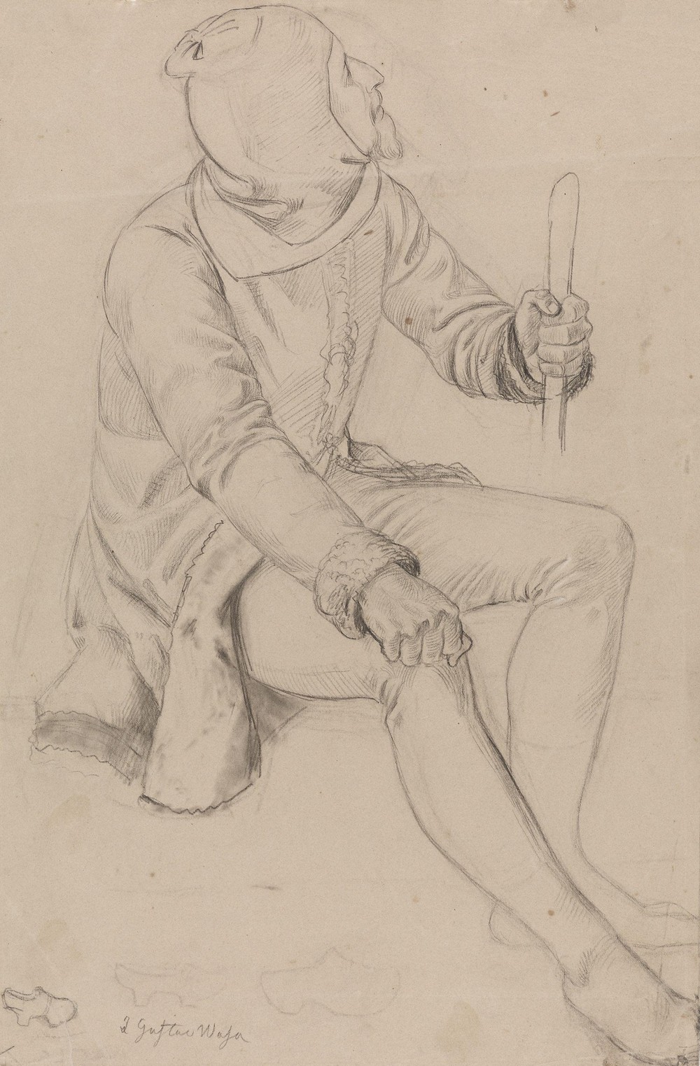 Sitting man with hood and staff (Between 1839 and 1841)