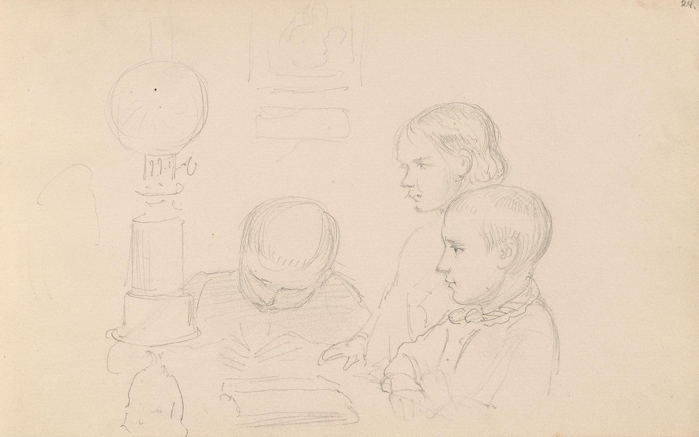 Three children by a kerosene lamp (between 1855 and 1857)