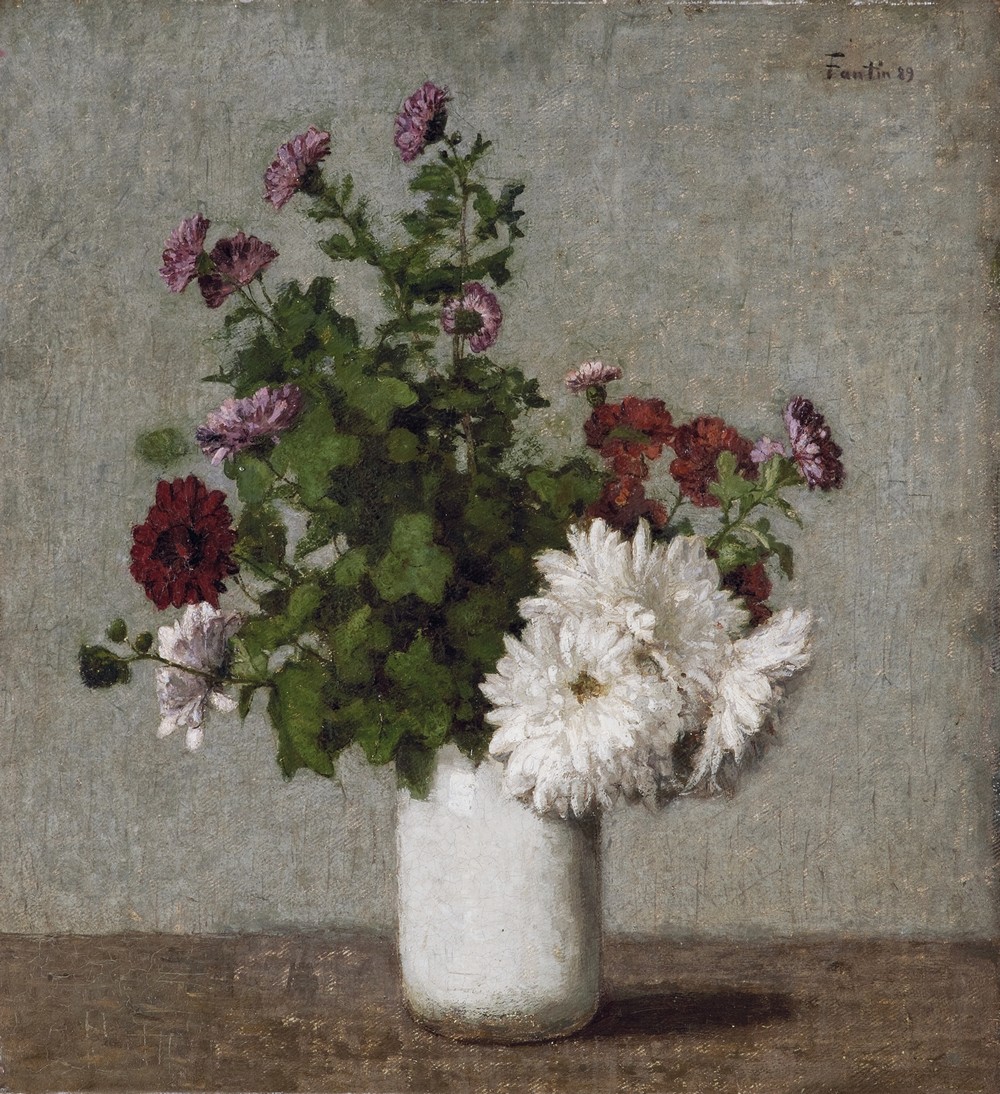 Flower Still Life, Autumn Chrysanthemums In A White Vase