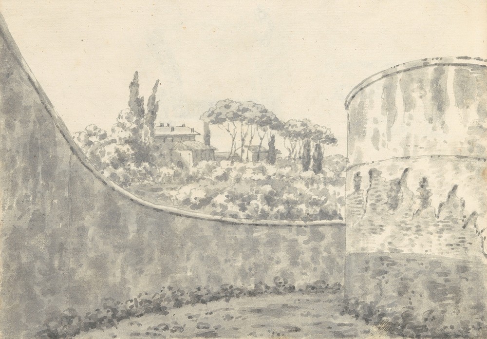 Landscape with a Curved Wall, Round Tower and Distant Villa (1774–75)