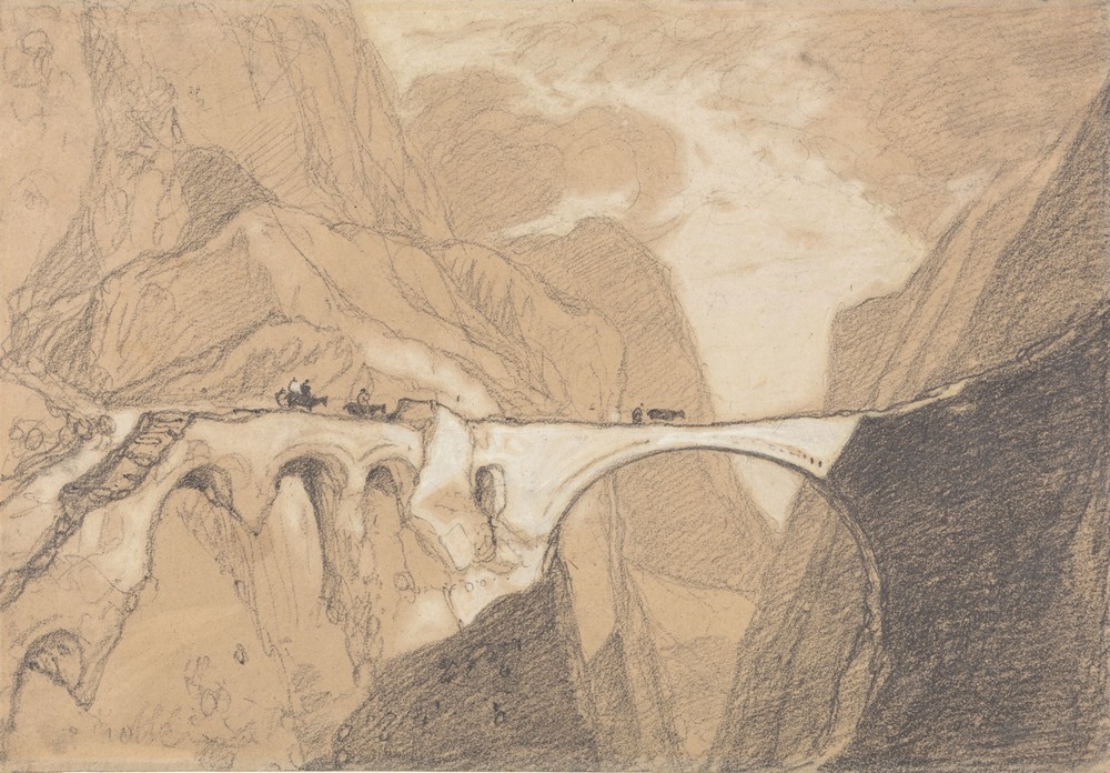 Travellers Crossing a Bridge over an Alpine Gorge (ca. 1828)