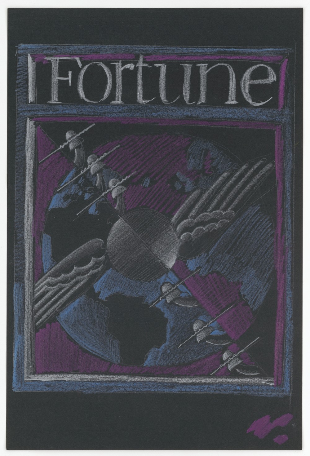 [Graphic designs for Fortune magazine.] [Study for cover with telephone lines and wings over the globe