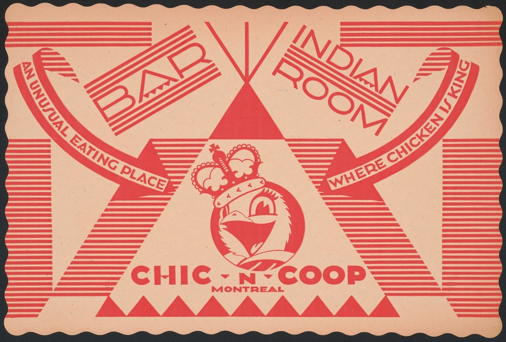 Designs for Indian Room, Chic-n-Coop Restaurant, Montreal, Canada.] [Placemat design with chicken character wearing crown