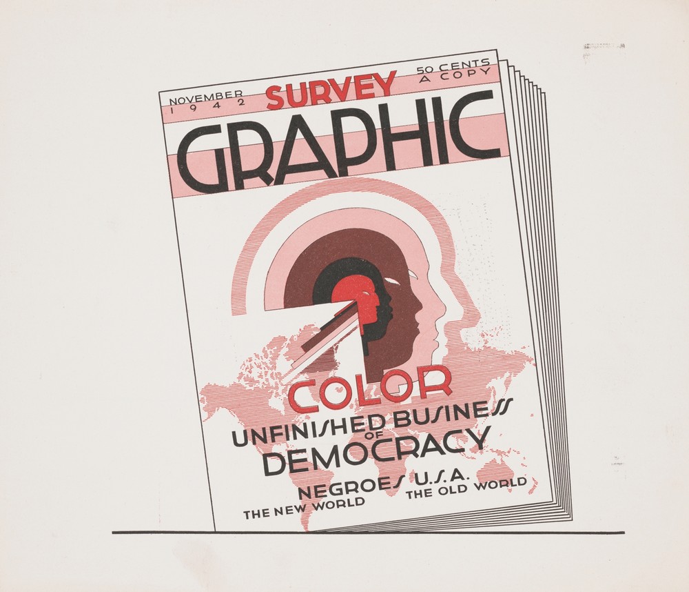 Graphic design for cover of Survey Graphic Magazine; ‘Color, Unfinished Business of Democracy’.] [Design with map of Earth and human faces