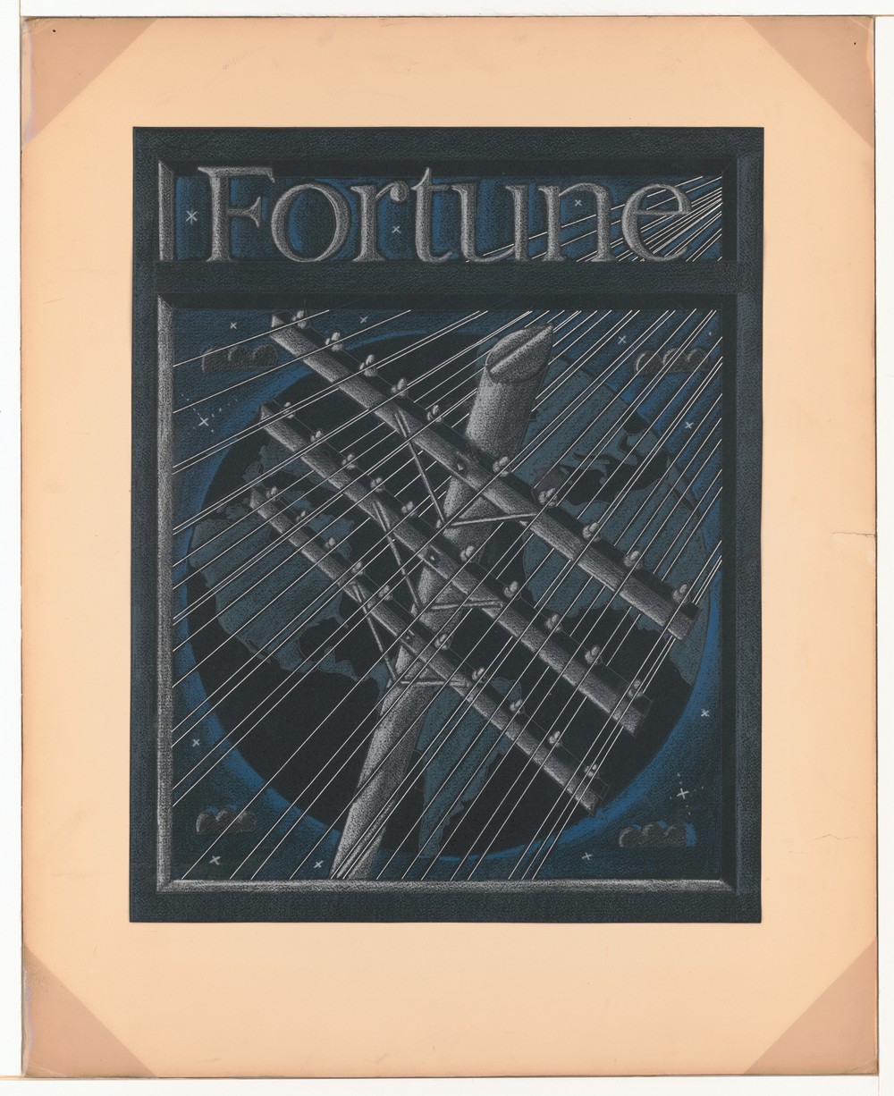 Graphic designs for Fortune magazine.] [Study for cover with large telephone lines superimposed over the globe