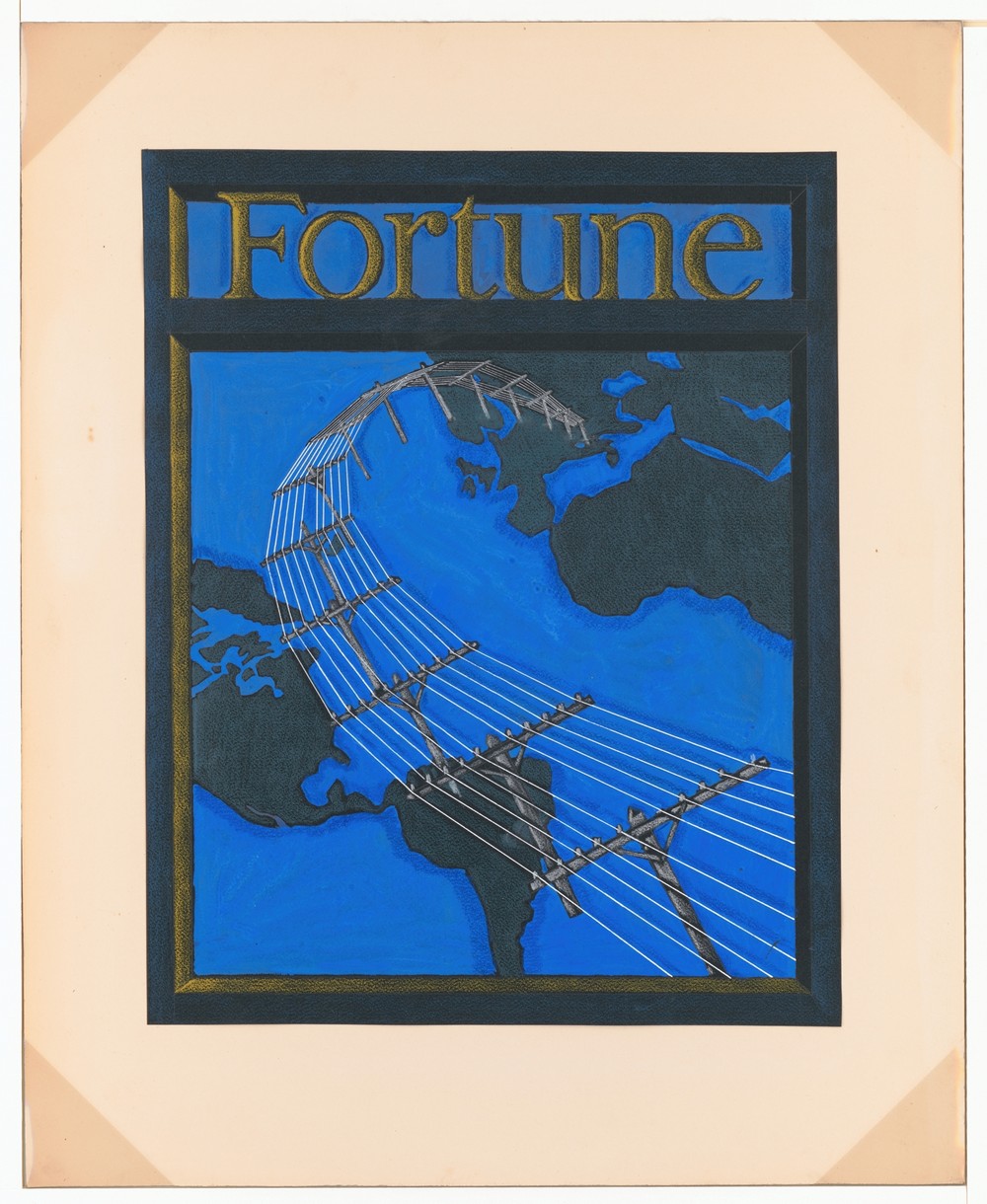 Graphic designs for Fortune magazine.] [Study for cover with telephone lines spanning the globe