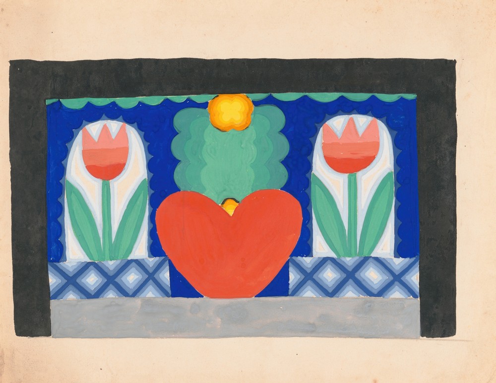 [Designs for theater with black-framed proscenium and boldly colored settings.] [Study for stage light wall decoration, possibly for Caf ̌Crillon (277 Park Avenue)