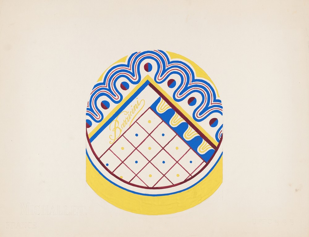 3-D Study for circular box with grid and dotted wavy border in blue, red and green