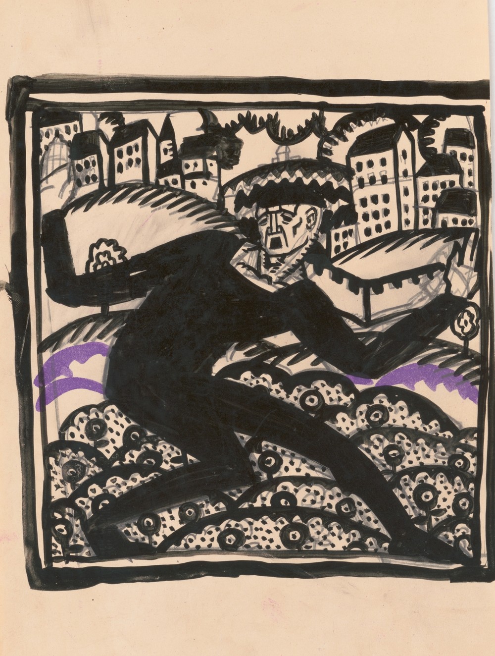 Design for fine art print, ‘The Mad Dancer’.] [Original study for woodcut print
