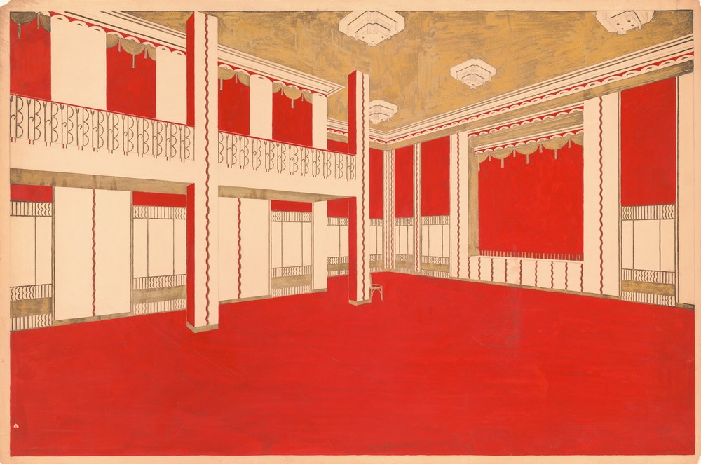 Design for unidentified ballroom, probably New York City area.] [Perspective rendering in vermillion and gold