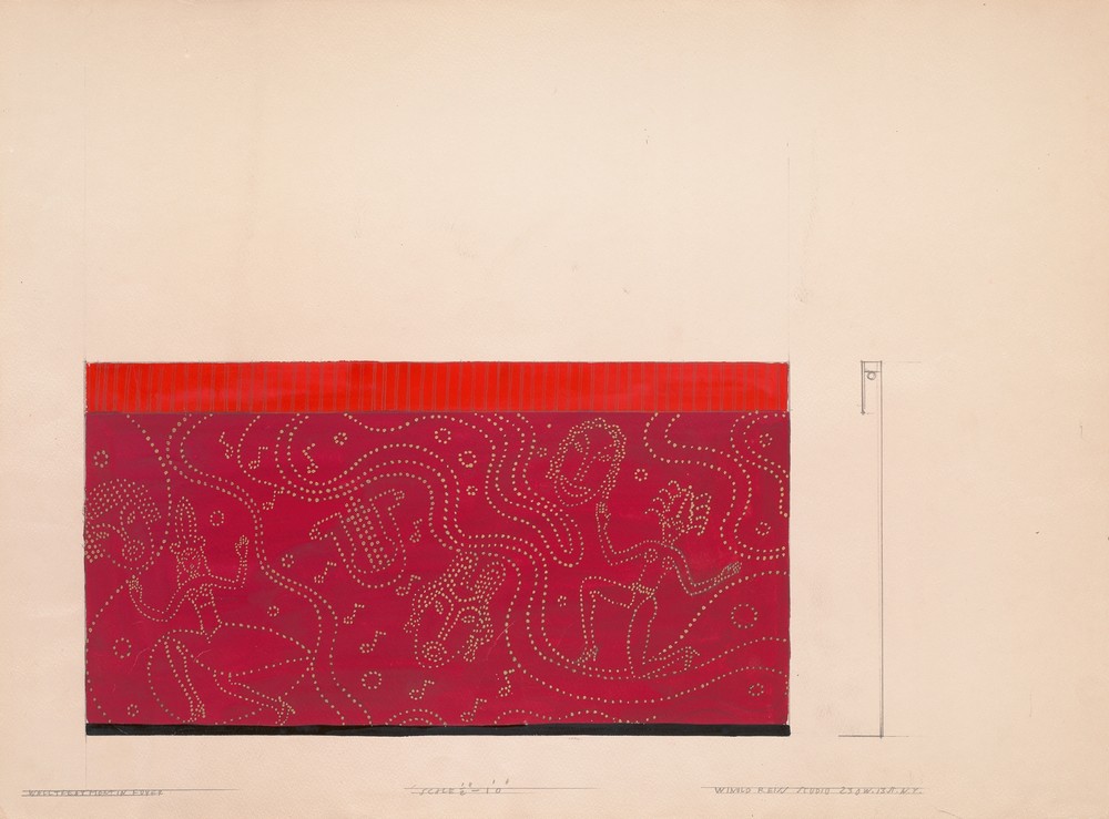Design for unidentified restaurant, possibly Dunhall’s Restaurant, New York, NY.] [Mural of masks and dancing figures (‘Wall treatment in foyer’)