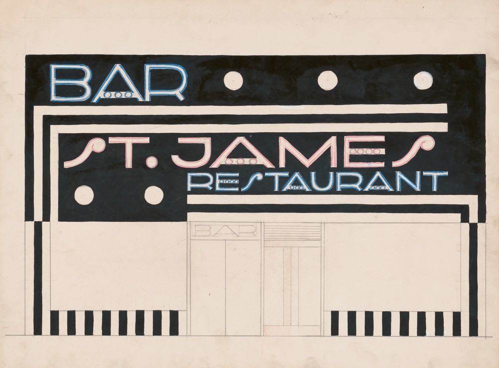 Designs and photographs for alterations to St. James Bar Restaurant, W. 181st St. and Broadway, New York, NY.] [Incomplete study of exterior elevation
