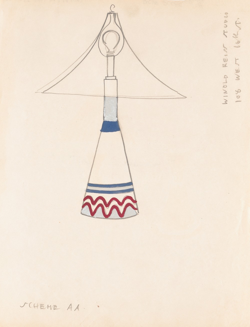 Designs for lamps with triangular shades.] [Design with white, red, and metallic silver