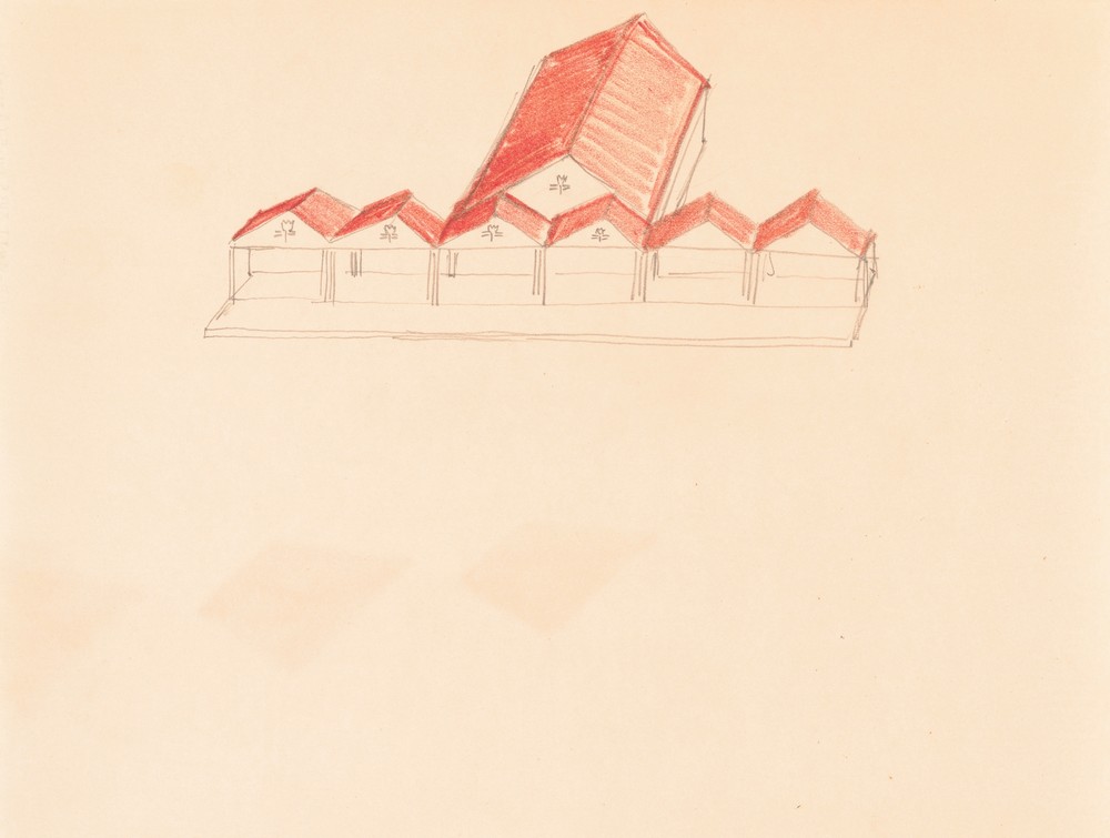 Designs for roadhouse or terrace restaurant.] [Perspective elevation with colored roof